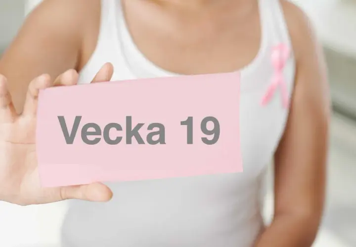 En person håller upp en rosa lapp med texten "Vecka 19". En rosa band pryder personens vita linne.