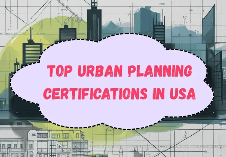 Stylized illustration of city skylines and blueprints with a cloud shape containing "TOP URBAN PLANNING CERTIFICATIONS IN USA".