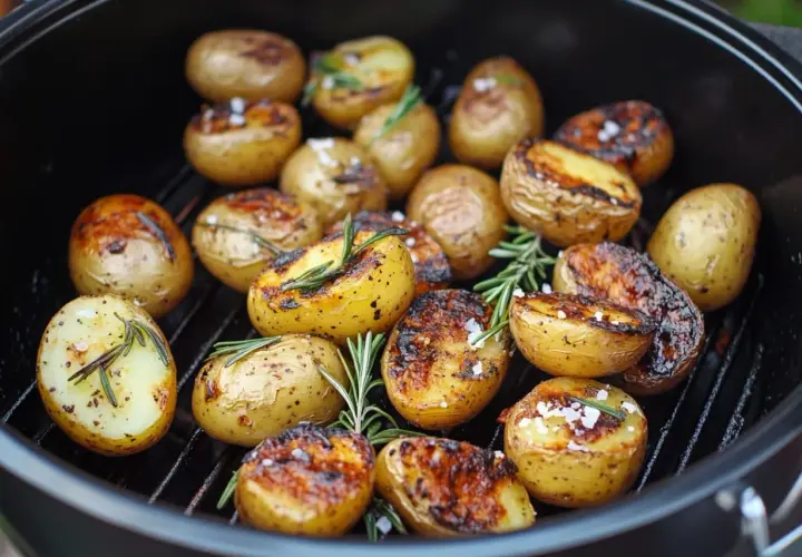 Gegrillte Rosmarinkartoffeln mit grobem Salz und Kräutern auf einem Rost.