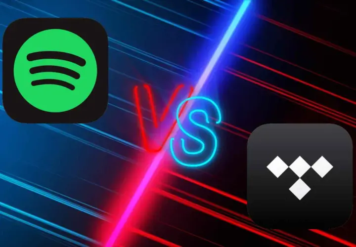 Logo Spotify i Tidal na tle neonowego napisu VS.