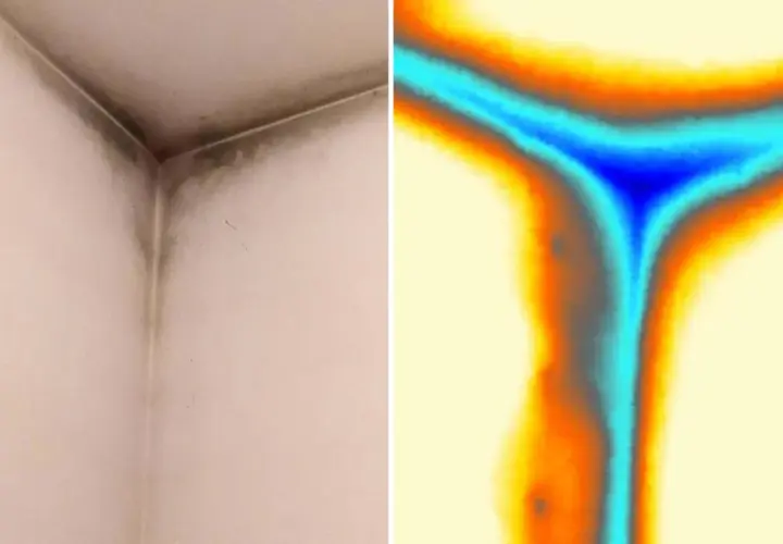 Angolo di una stanza con muffa e termografia che mostra dispersioni termiche, evidenziando l'efficacia dell'isolante termico liquido.