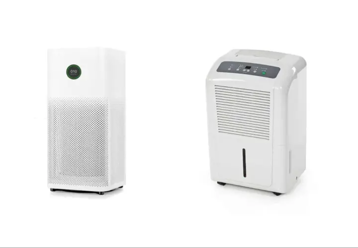 Dos aparatos blancos: un purificador de aire y un deshumidificador que elimina la humedad.