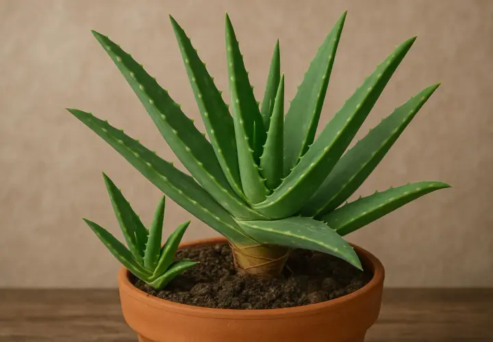 Eine große Aloe Vera Pflanze mit einem kleinen aloe vera ableger daneben in einem Terrakotta-Topf.