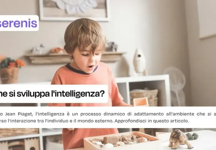 Bambino esplora un gioco sensoriale, illustrando l'assimilazione e l'accomodamento nello sviluppo dell'intelligenza secondo Piaget.