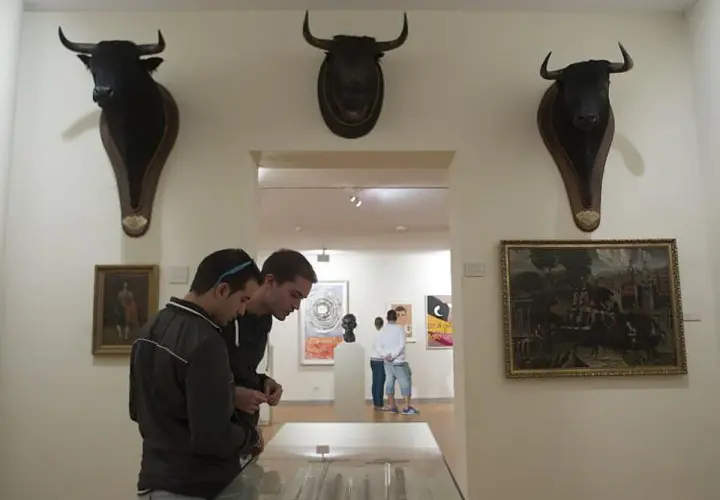 Dos jóvenes observan cabezas de toro disecadas en el museo taurino de Madrid.