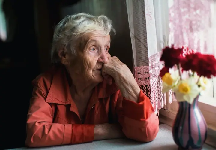Eine ältere Frau blickt nachdenklich aus dem Fenster, ihre Hand am Kinn. Die Szene vermittelt ein Gefühl von **Angst vor Einsamkeit im Alter**.