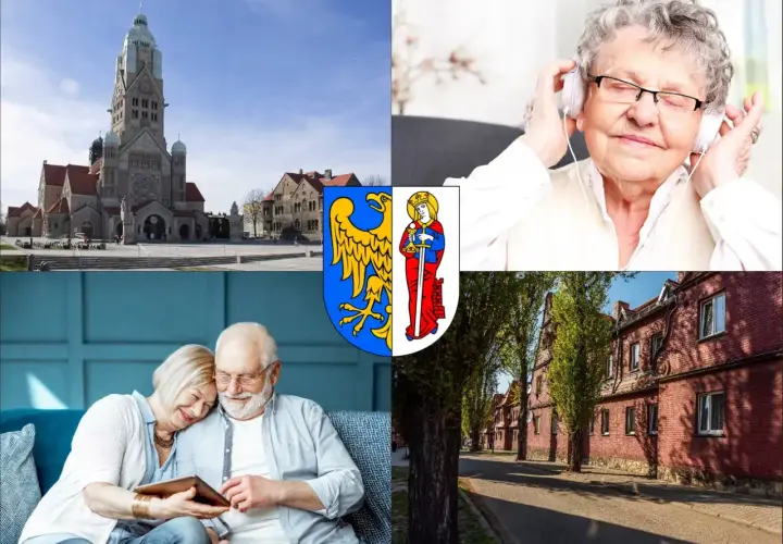 Kolaż: kościół, starsza kobieta w słuchawkach, para seniorów z tabletem, herb, ulica z domami.