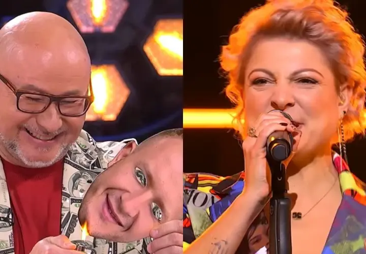 Zabawny moment z programu, gdzie mężczyzna z maską na twarzy zapala ją zapalniczką, podczas gdy kobieta śpiewa. To jak vox piosenki alfabetycznie, ale z humorem.