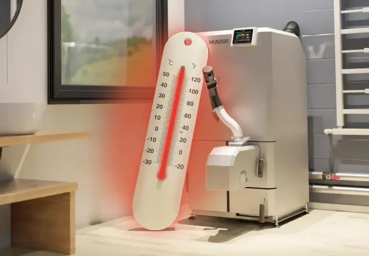 Termometr pokazuje za dużą temperaturę na piecu. Czerwona linia sięga ponad 50°C, sygnalizując przegrzewanie.