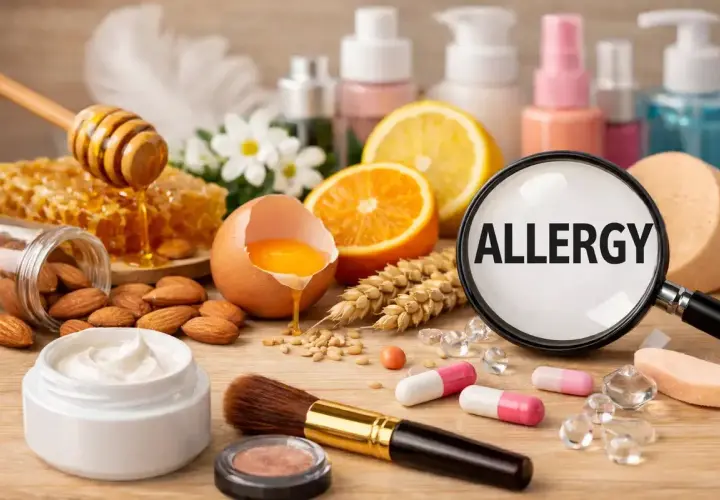 Miód, migdały, jajko, cytrusy i zboża – potencjalne alergeny w kosmetykach. Lupa z napisem "ALLERGY" podkreśla problem.