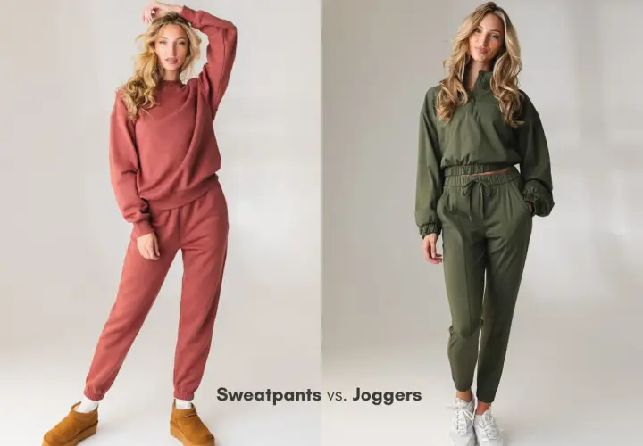 Two women model outfits. The woman on the left wears rust-colored sweatpants and a matching sweatshirt. The woman on the right wears olive green joggers and a matching cropped jacket.