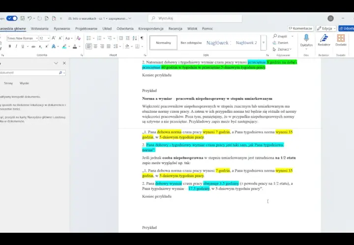 Fragment dokumentu tekstowego z zaznaczonymi fragmentami tekstu dotyczącymi norm czasu pracy.