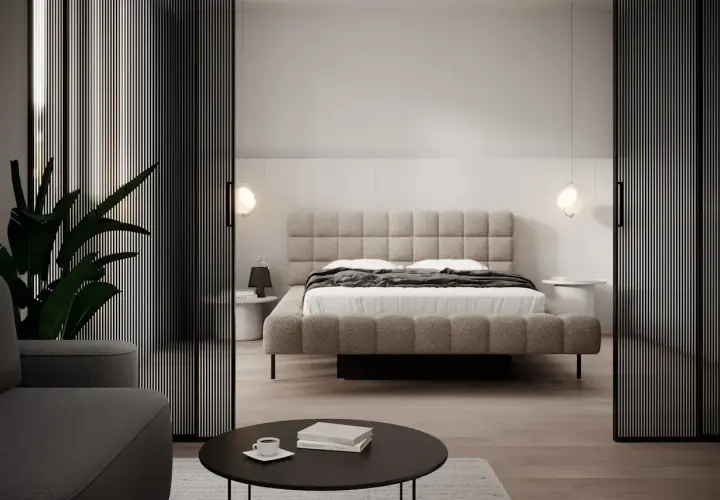 Minimalistyczna sypialnia z tapicerowanym łóżkiem i stolikami nocnymi. Inspiracja, jak umeblować małą sypialnię, by była funkcjonalna i stylowa.