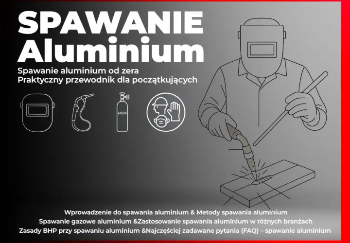 Ilustracja pokazuje, jak spawać aluminium. Widoczny spawacz w masce, palnik, butla z argonem i materiał do spawania.