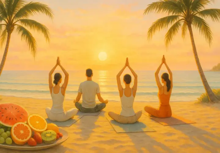 Personas meditando en la playa al atardecer. Un plato de fruta fresca a la izquierda. El mejor clima de España para el asma se encuentra en lugares así.