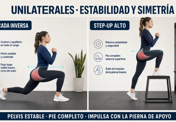 Mujer realizando zancada inversa y step-up alto, ejercicios para el **ejercicio gluteo** con énfasis en estabilidad y simetría.