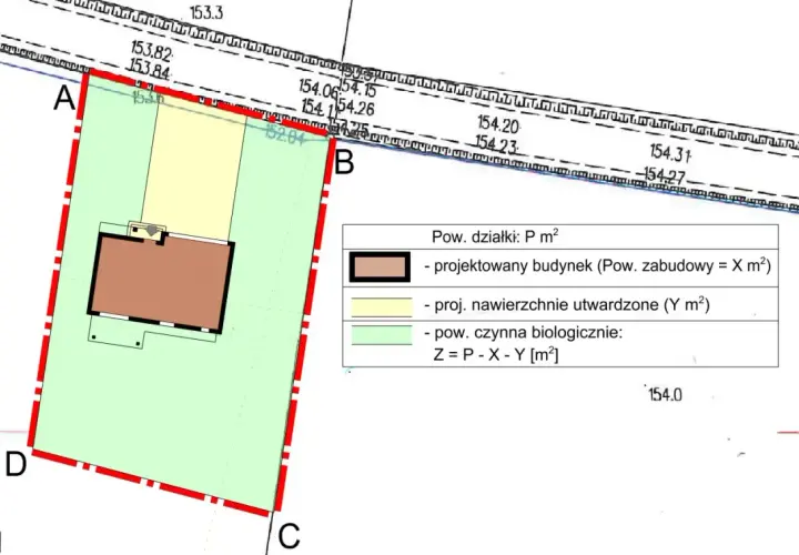 Plan sytuacyjny z zaznaczonym projektowanym budynkiem i legendą, stanowiący część wniosku o ustalenie warunków zabudowy.