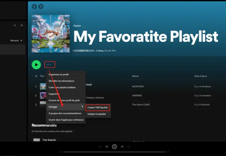 Comment partager une playlist Spotify : cliquez sur les trois points, puis sur "Partager" et "Copier l'URI Spotify".