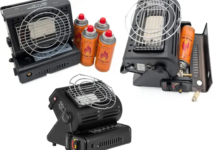 Chauffage gaz camping-car : plusieurs appareils et cartouches de butane. Attention au danger d'utilisation en intérieur.