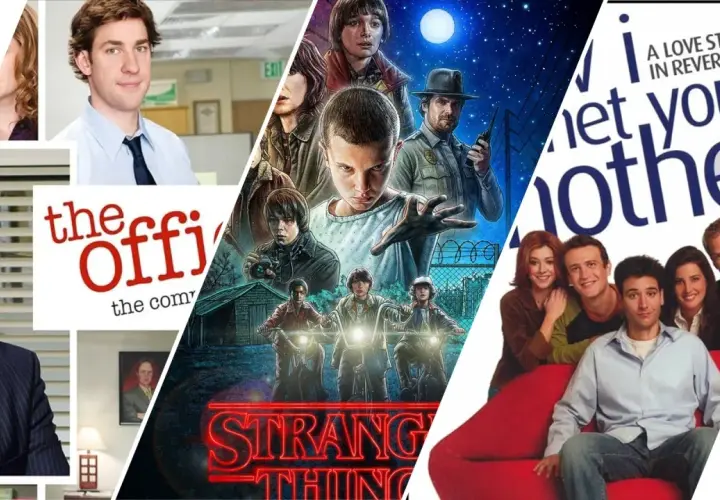 Collage di serie tv in inglese: The Office, Stranger Things e How I Met Your Mother.