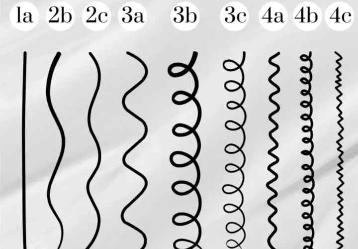 Ein locken test zeigt verschiedene Haartexturen von glatt (1a) bis sehr lockig (4c).