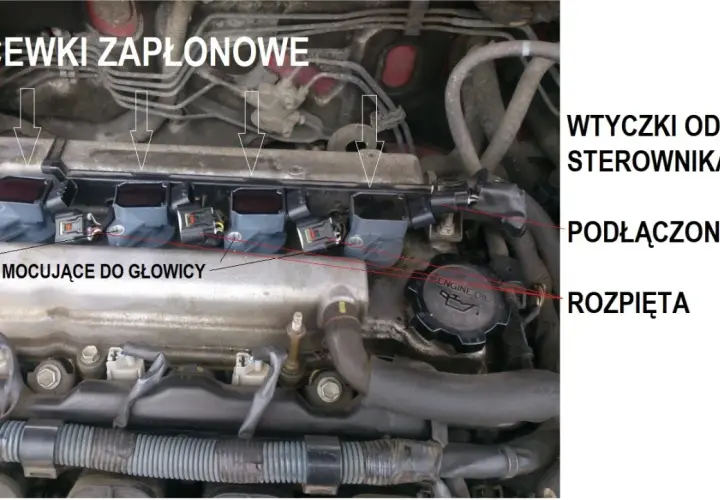 Silnik samochodowy z widocznymi cewkami zapłonowymi i ich elementami.