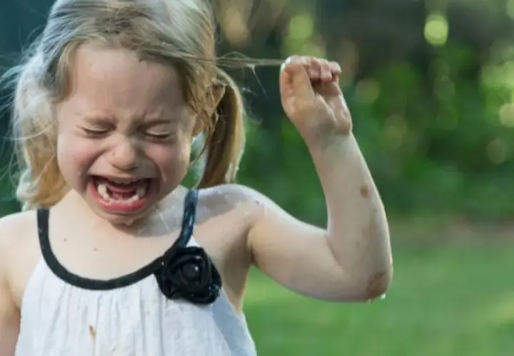Niña rubia llorando desconsoladamente, con la boca abierta y los ojos cerrados. Parece que está pasando por los terribles 4 años.