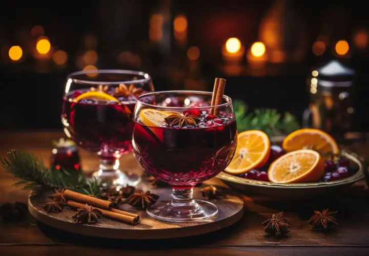 Deux verres de vin chaud, décorés d'orange, d'anis étoilé et de cannelle. Parfait pour une recette de vin chaud réconfortante.