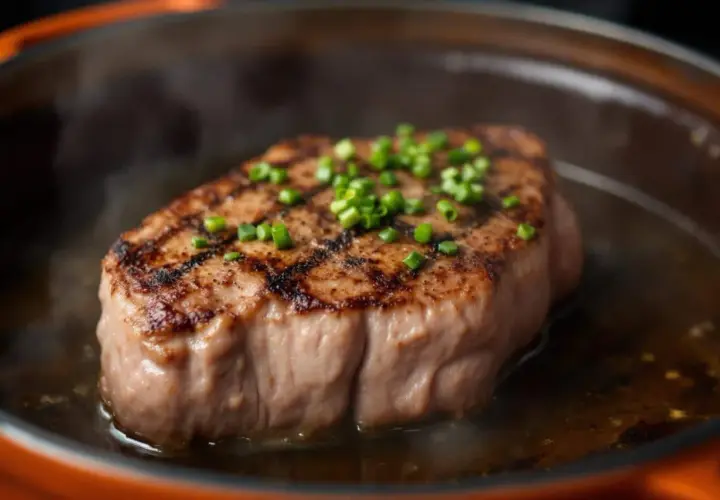 Un steak grillé, garni de ciboule, mijote dans sa sauce. Cette viande cuite hors frigo 12h semble prête à être dégustée.