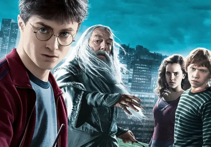 Harry Potter i Książę Półkrwi: obsada - Harry, Dumbledore, Hermiona i Ron w mrocznym mieście.