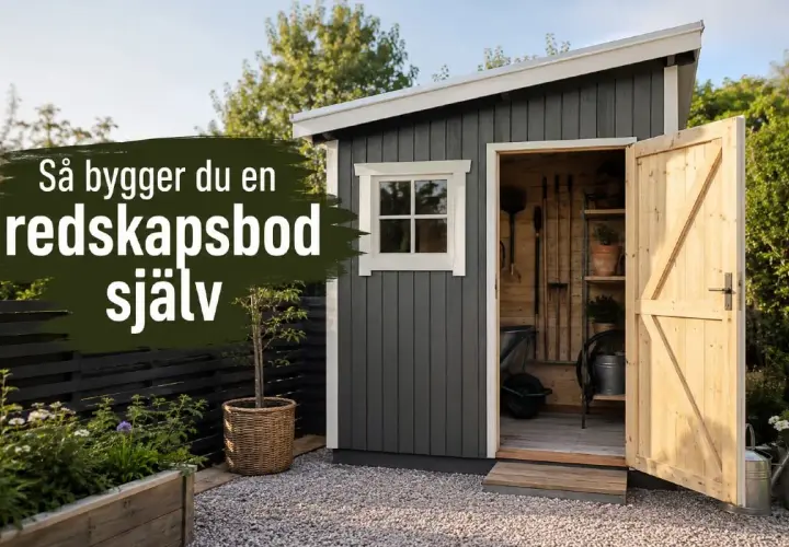 En mörkredskapsbod med öppen dörr, fönster och trädgårdsredskap inuti. Texten "Så bygger du en redskapsbod själv" syns tydligt.
