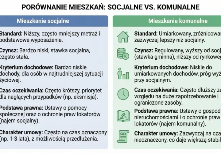 Porównanie mieszkań socjalnych i komunalnych: standard, czynsz, kryterium dochodowe, czas oczekiwania, podstawa prawna, charakter umowy.