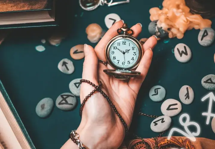 Dłoń trzyma kieszonkowy zegarek, wokół kamienie z runami i symbole astrologiczne. Czas ma wielkie **znaczenie** w 1919 roku, gdy świat się zmienia.