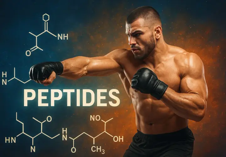 Mięśniowy bokser w rękawicach, z symbolami chemicznymi i napisem "PEPTIDES". Peptydy w kulturystyce to klucz do siły.