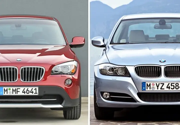 Två BMW-bilar, en röd SUV och en silverfärgad sedan, framifrån. Information om bmw recall sverige kan vara relevant för dessa modeller.