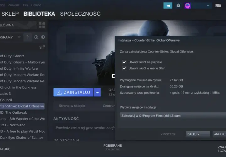 Okno instalacji gry Counter-Strike: Global Offensive na platformie Steam.