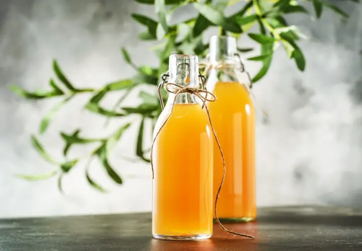 Dwie butelki z domową kombuchą, idealne do wypróbowania prostego kombucha przepis. Zielone liście w tle dodają świeżości.