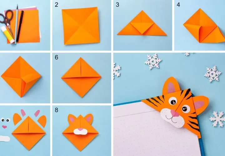 Tutorial per creare segnalibri a forma di tigre con origami, perfetti lavoretti da fare in casa per passare il tempo.