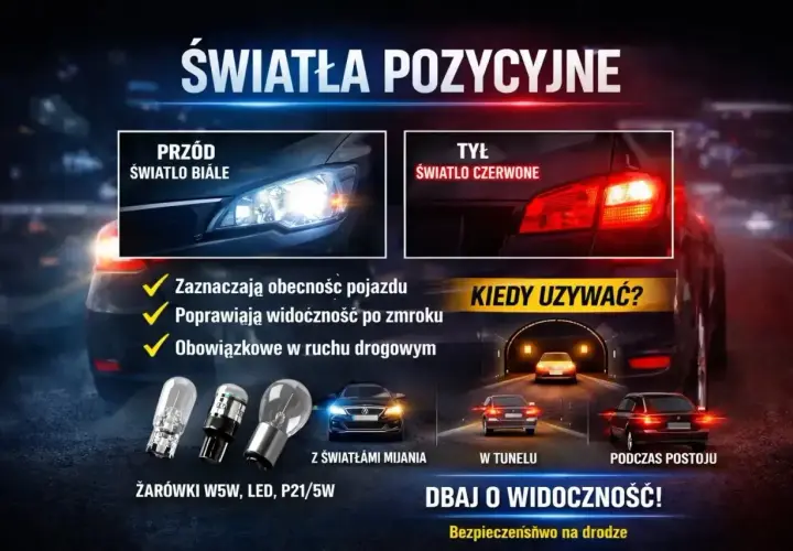 Światła postojowe: białe z przodu, czerwone z tyłu. Poprawiają widoczność po zmroku i są obowiązkowe. Dbanie o widoczność to bezpieczeństwo na drodze.