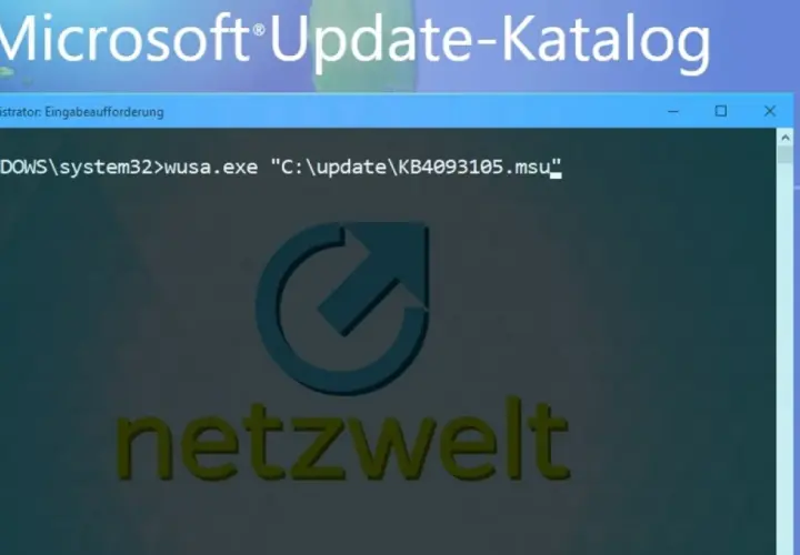 Windows 10 Updates manuell herunterladen und installieren: Eingabeaufforderung mit wusa.exe und Pfad zur MSU-Datei.