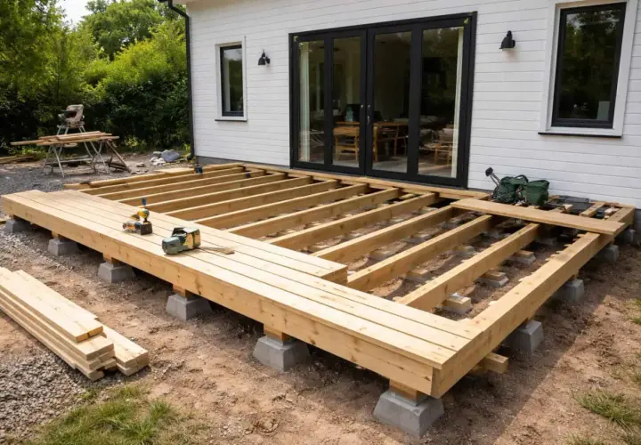 Bygga altan på mark. Träkonstruktion med bjälkar och brädor, redo för trädäck. Verktyg och material ligger redo.
