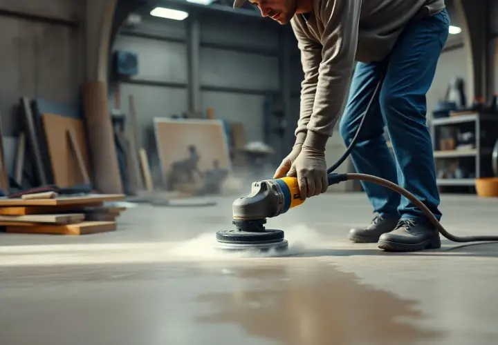 Mann schleift mit einer Maschine den Estrich. Staub wirbelt auf, während die Arbeit voranschreitet.