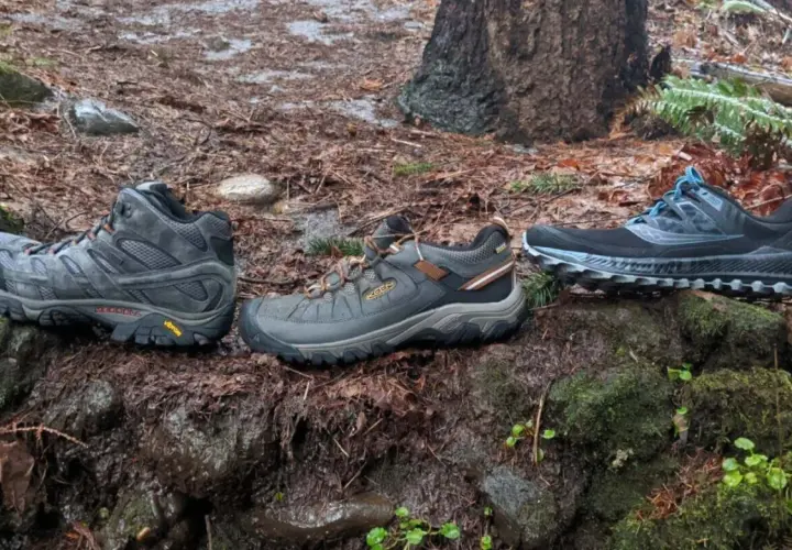 Three pairs of shoes sit on a mossy, wet forest floor: a mid-height hiking boot, a low-cut hiking shoe, and a pair of trail running shoes.
