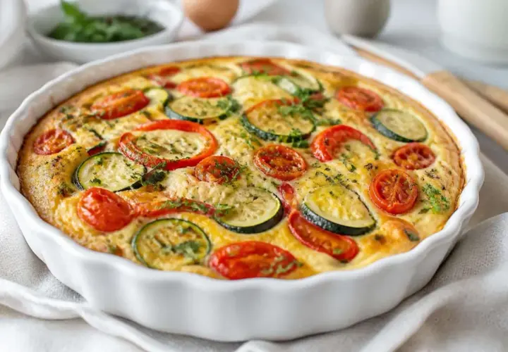 Quiche sans pâte aux courgettes et tomates cerises, dorée et appétissante, garnie d'herbes fraîches. Un délice léger et savoureux.