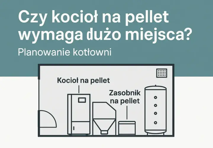 Schemat kotłowni z kotłem na pellet, zasobnikiem i bojlerem. Pokazuje, jak zaplanować przestrzeń, uwzględniając piec na pellet wymiary.