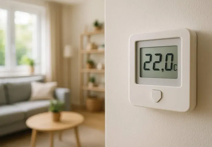Termostat pokazuje 22°C, idealną, optymalną temperaturę w domu.