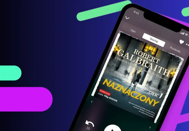 Aplikacja z audiobookiem "Naznaczony" Roberta Galbraith, część 1. Idealna do śledzenia kolejności książek z serii Cormoran Strike.
