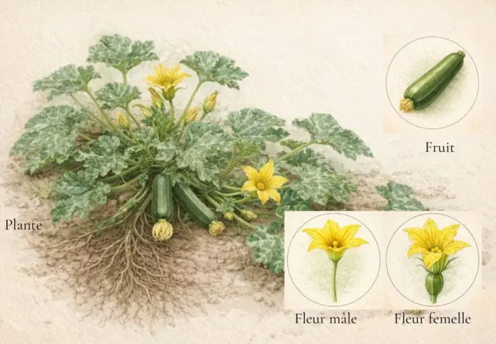 Plante de courgette avec fruits, racines, fleur mâle et fleur femelle.