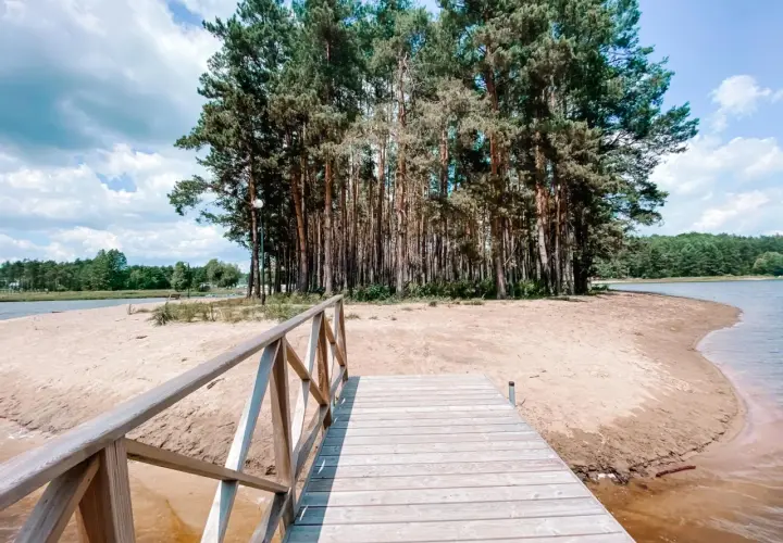 Drewniany pomost prowadzi do piaszczystej plaży otoczonej lasem sosen.