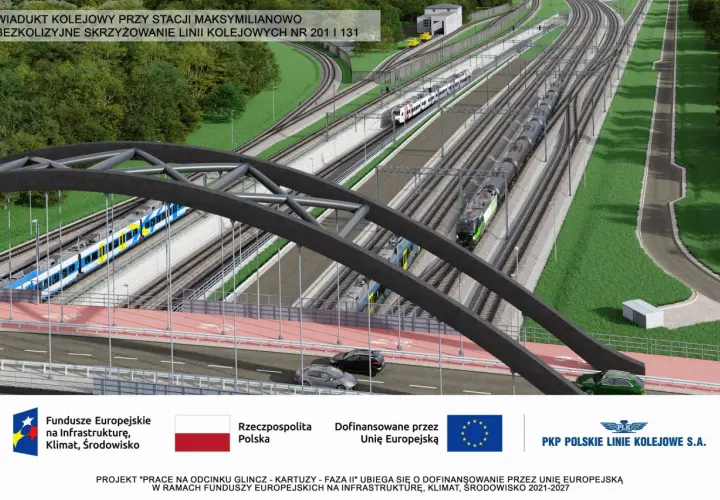 Wiadukt kolejowy nad skrzyżowaniem linii 201 i 131. Nowoczesny zakład linii kolejowych z pociągami pasażerskimi i towarowymi.